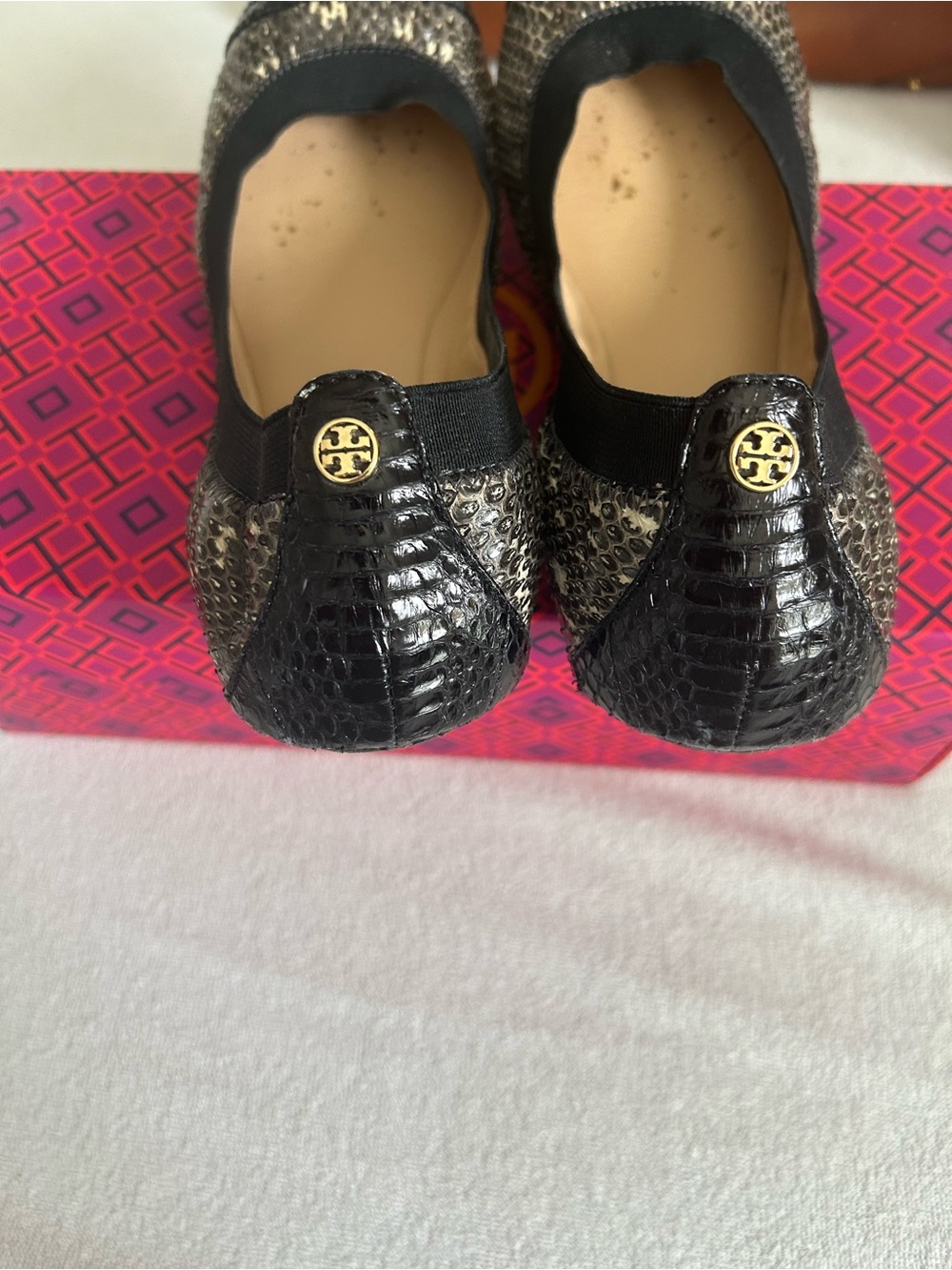 Tory Burch Black and Metallic Croc-Embossed Ballet Flats